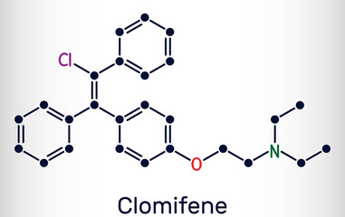 Clomifene, clomiphene, enclomifene, E-isomer molecule. It is an oral agent used to treat infertility in women. Structural chemical formula