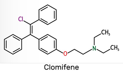 Clomifene, clomiphene, enclomifene, E-isomer molecule. It is an oral agent used to treat infertility in women. Skeletal chemical formula