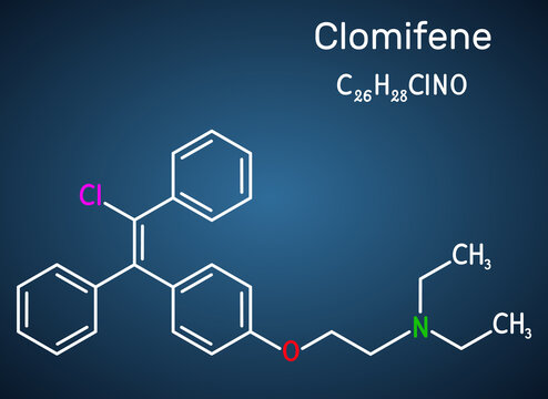 Clomifene, clomiphene, enclomifene, E-isomer molecule. It is an oral agent used to treat infertility in women. Structural chemical formula on the dark blue background