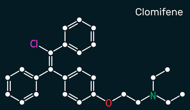 Clomifene, clomiphene, enclomifene, E-isomer molecule. It is an oral agent used to treat infertility in women. Skeletal chemical formula on the dark blue background
