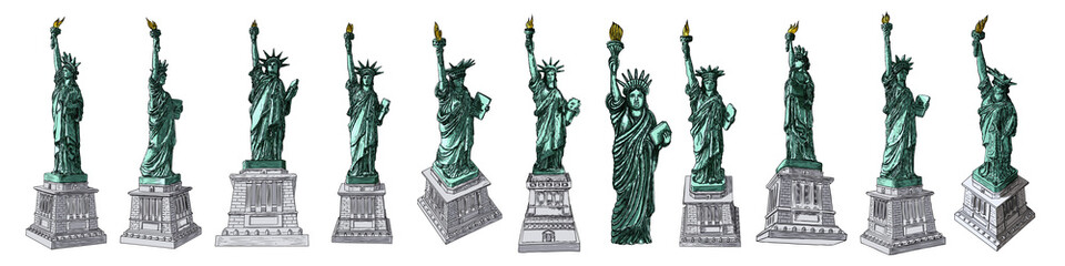 US Statue of Liberty set drawings in color. USA New York city famous tourist landmark. Poster or flyers sculpture illustrations elements. Hand drawn logo of American symbol for presentations. Vector.