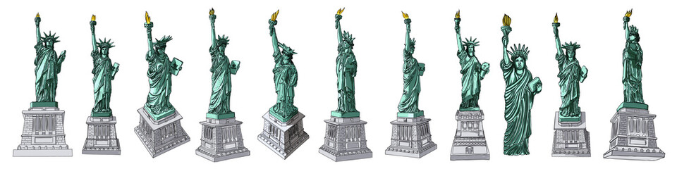 US Statue of Liberty set drawing. USA New York city famous tourist landmark. Poster or flyers sculpture illustration element. Hand drawn logo of American symbol for presentations. Vector.