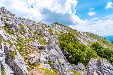 Mount Aizkorri 1523 meters, the highest in Guipúzcoa. Basque Country. Ascent through San Adrián and return through the Oltza fields. Difficult climb to the top of Mount Aizkorri