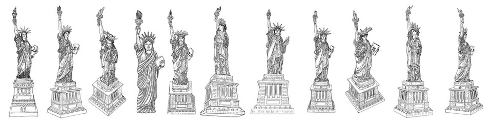 Fototapeta na wymiar US Statue of Liberty set drawing. USA New York city famous tourist landmark. Poster or flyers sculpture illustration element. Hand drawn logo of American symbol for presentations. Vector.