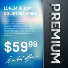 vector banner, advertisement flyer design template, promotion leaflet with blurry bokeh background, "premium"