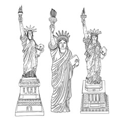 Statue of liberty set in hand drawing style. Illustration of various drawings. Hand drawn line hatching, stroke sketch. American national symbol, New York and USA landmark. Vector.
