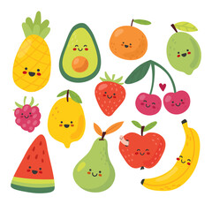 Kawaii cute fruits with smile faces. Cartoon Vector Illustration set. Summer doodle fresh Fruits - apple, banana, orange, cherry, lime, lemon, avocado, piapple, strawberry.