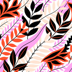 Colorful seamless floral pattern. Stylish summer background with bright tropical leaves.