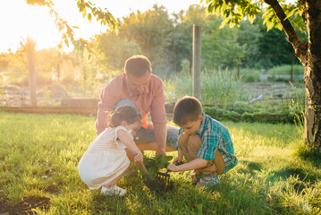 Little brother and sister are planting seedlings with their father in a beautiful spring garden at sunset. New life. Save the environment. Careful attitude to the surrounding world and nature