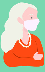 an old lady wearing a white mask
