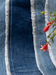 Upcycled old jeans canvas  and pomegranate flowers. Concept of things reuse and natural resources preserving. Selective focus.
