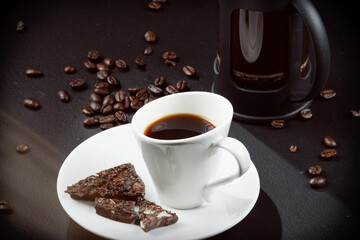 French press coffee with chocolate spices and fruits, ready to enjoy