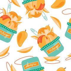 Hand drawn vector pattern of mango ice cream in a cup. Food background for poster, wallpapers and kitchen design. Cartoon style illustration.