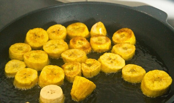 Green Plantains In Frying Pan