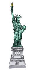 Statue of liberty in hand drawing style, line hatching stroke, color. Hand drawn sketch. American national symbol, New York and USA landmark. Vector.