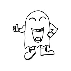 Cartoons icon with a toothless laugh, black and white outline with cute childish face expressions, smile, amazed emotion, emoji, emoticon, funny monster.