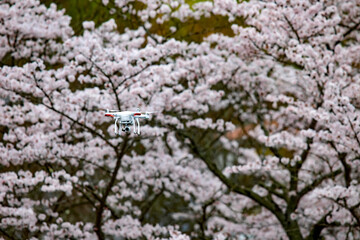 青空と公園を背景に飛ぶドローンの風景