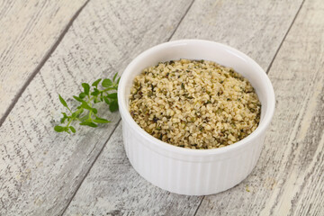 Peeled hemp seeds in the bowl