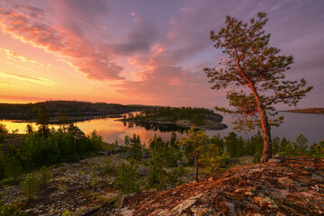 Fototapeta na wymiar Pink dawn over the Islands of lake Ladoga, Republic of Karelia, Russia