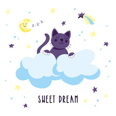 Cute cartoon kitten in the clouds in the starry sky. Childish vector illustration.