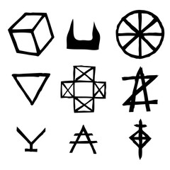 Set of esoteric symbol design elements. Imaginary handwritten alchemy signs, space, spirituality, inspired by mysticism, freemasonry, astrology. Vector .