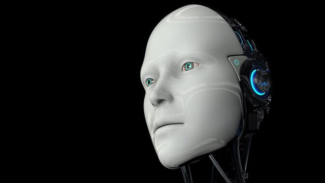 Futuristic humanoid robot is activated, moves its head, eyes and scans the environment. The camera flies around the head. On a black background. Artificial intelligence. 4K. 3D animation.