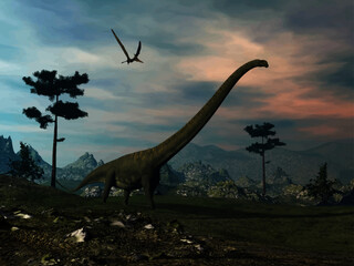 Mamenchisaurus dinosaur walk by sunset