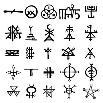 Mystic set with magic circles, pentagram and imaginary chakras symbols. Collection of icons with witchcraft and occult hand writing letters. Esoteric concept. Vector