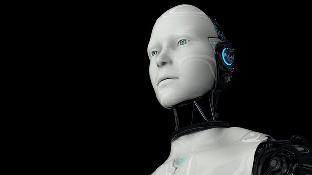 Artificial intelligence. Robot android is activated, moves its head, eyes and scans the environment. The camera moves away. 4K. 3D animation. On a black background.