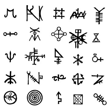 Set of alchemical symbols isolated on white background. Hand drawn and written elements for signs design. Inspiration by mystical, esoteric, occult theme. Vector.
