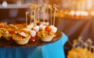 Closeup food. Meat cakes in waffle baskets close on the table