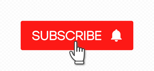 Subscribe button and hand click pointer cursor. Social media red buttons of bell and subscribe to channel or blog. Template with shadow on transparent background. Vector illustration.