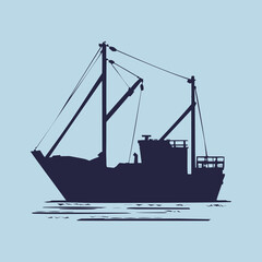Fishing boat used as a vehicle for finding fish in the sea. Hand-drawn silhouette vector