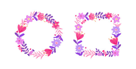Set of doodle vector flower frames. Square and round photo frame. Cute design for greeting cards or posters.
