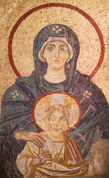 Virgin Mary with child - ancient Byzantine apse mosaic closeup in the Hagia Sophia, dated in 867. Istanbul, Turkey
