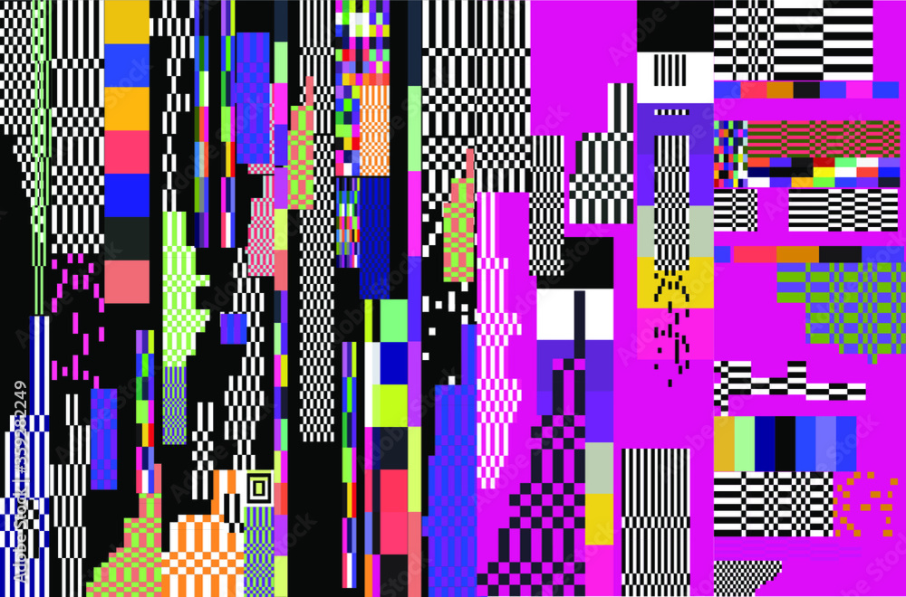 Poster Glitched screen with random colorful pixel noise pattern. Vaporwave and webpunk style background.