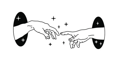 The Creation of Adam in Old school (tattoo) style. Hand drawn illustration from a section of Michelangelo's fresco Sistine. - obrazy, fototapety, plakaty