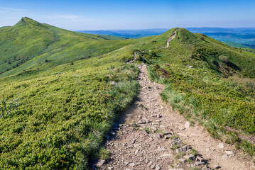 Trail from Halicz mountain in Bieszczady National Park in Bieszczady mountain range in Subcarpathian Voivodeship of Poland