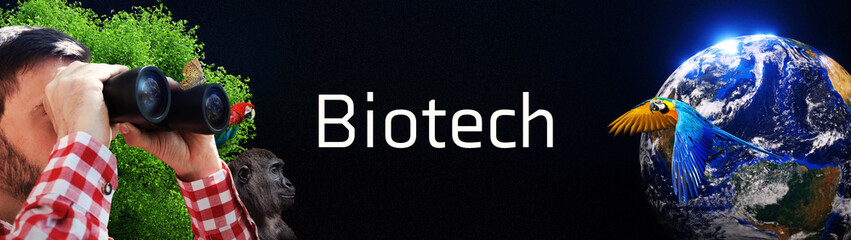 Biotech. Mann beobachtet Erde mit Fernglas. Baum und Tiere im Hintergrund. Weißer Text....