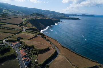 Bird's eye view of the ocean coast on San Miguel island, Azores, Portugal.