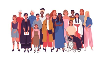 Crowd of joyful multinational woman standing together vector flat illustration. Smiling diverse female isolated on white background. Happy multiethnic adult and young lady. Society or population