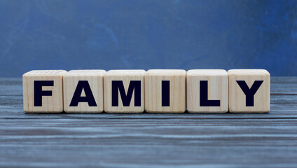 concept word FAMILY on cubes on a beautiful gray blue background