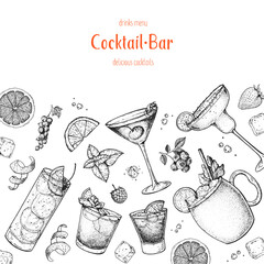 Cocktails hand drawn vector illustration. Alcoholic cocktails sketch set. Engraved style. Design template for bar. Tom collins, mai tai, manhattan, negroni, moscow mule, margarita.