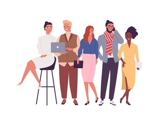 Fototapeta premium Group of different smiling young employee of multinational company vector flat illustration. Happy diverse business people posing together isolated on white. Joyful stylish modern man and woman