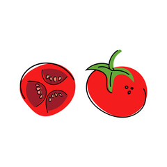 Hand-drawn vector illustration of a whole tomato, tomato cut in half with seeds. Vegetables. Diet healthy food. Healthy eating Ingredients. Vegetarian. Farm.The background is white. Flat. Contour.