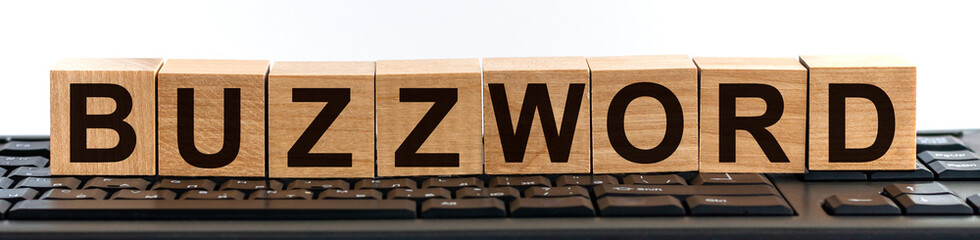 BUZZWORD word made with building blocks. A row of wooden cubes with a word written in black font is...