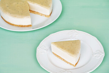 Vegan cheesecake with a salted caramel fudge sauce topping.