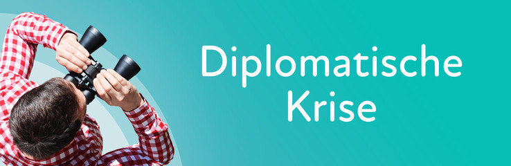 Naklejka premium Diplomatische Krise. Mann mit Fernglas aus Vogelperspektive. Beobachtung, Draufsicht, Panorama. Business Text auf blau. Statistik, Wirtschaft