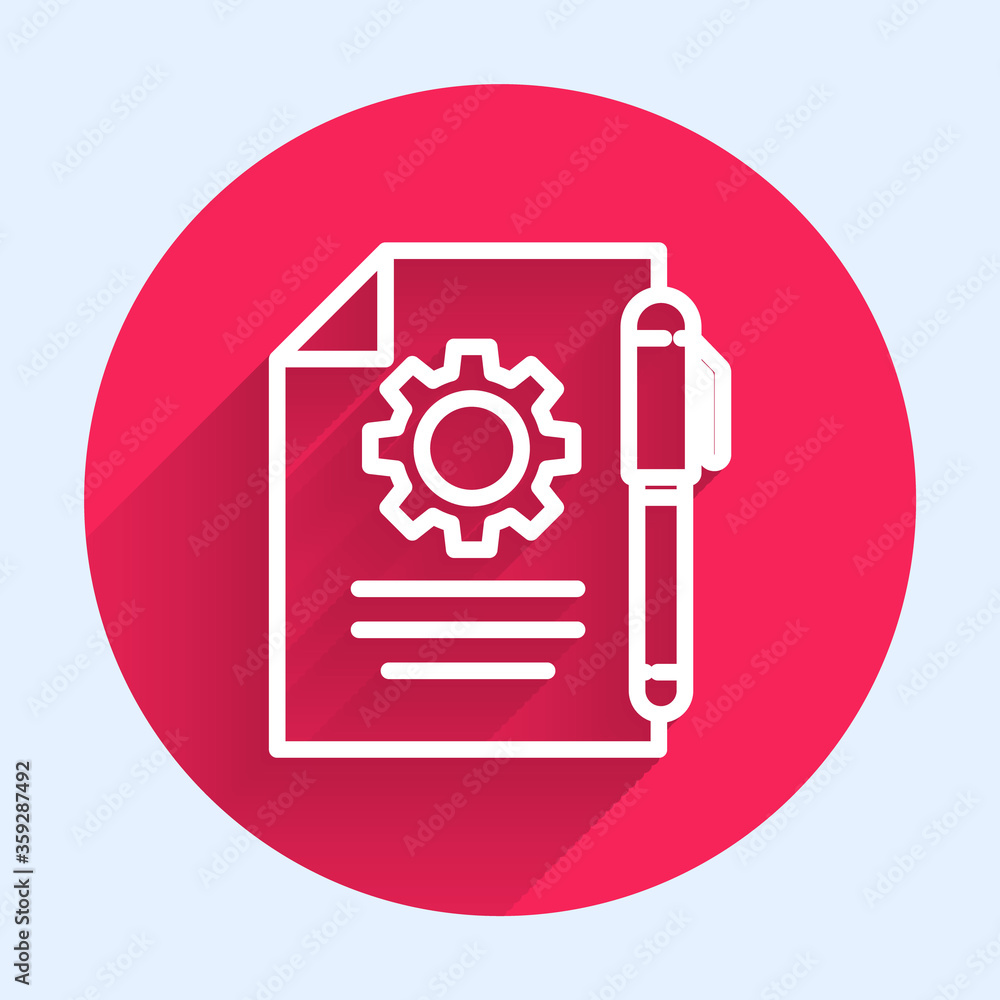 Poster white line document settings with gears icon isolated with long shadow. software update, transfer pr