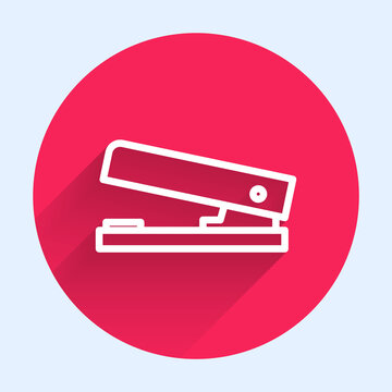 recommend clip art: White line Office stapler icon isolated with long shadow. Stapler, staple, paper, cardboard, office equipment. Red circle button. Vector Illustration
